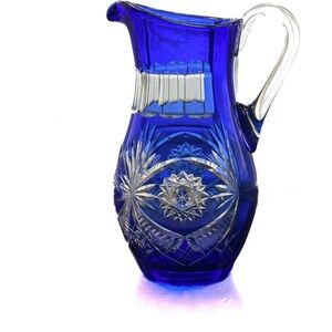 Bohemian Cobalt Blue Cut Crystal Pitcher | Hand Cut Czech Lead Crystal Barware